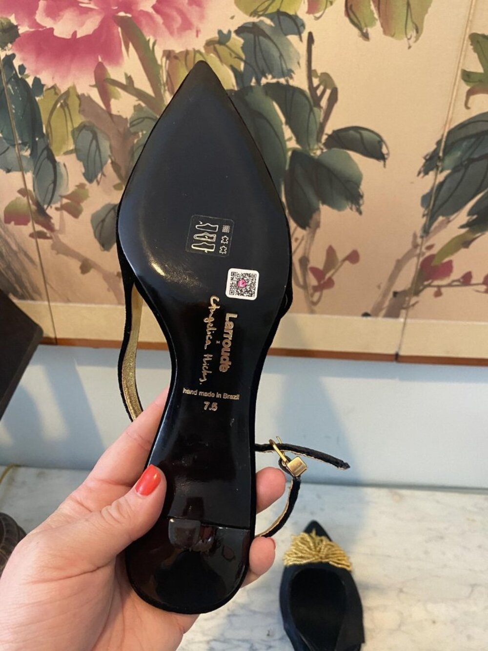 Larroude Angelica Hicks Shoes Womens Size 7.5 Black Suede Beaded Slingback Heels - Picture 6 of 6